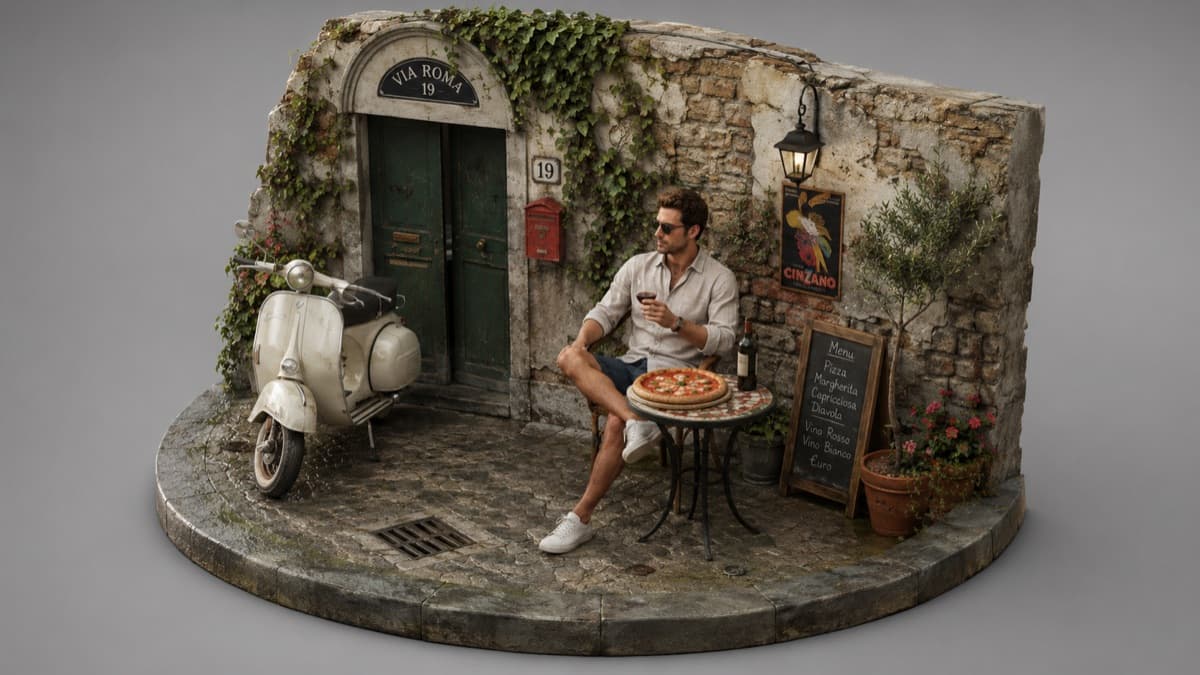 Italian street cafe isometric diorama generated from a prompt.
