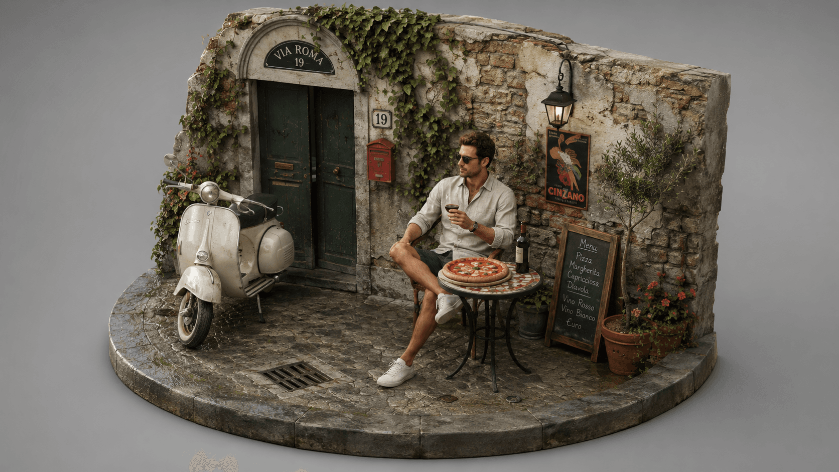 Italian street cafe isometric diorama generated from a prompt.