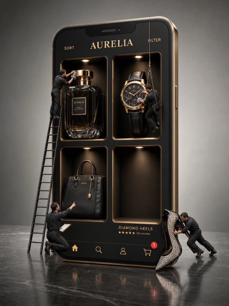 Aurelia luxury smartphone display cabinet generated from a prompt.