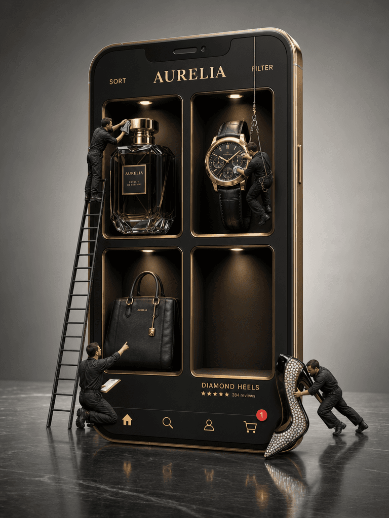 Aurelia luxury smartphone display cabinet generated from a prompt.